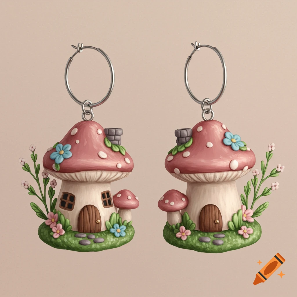 Pair of mushroom cottage earrings with flowers, rendered in a clay-like style.