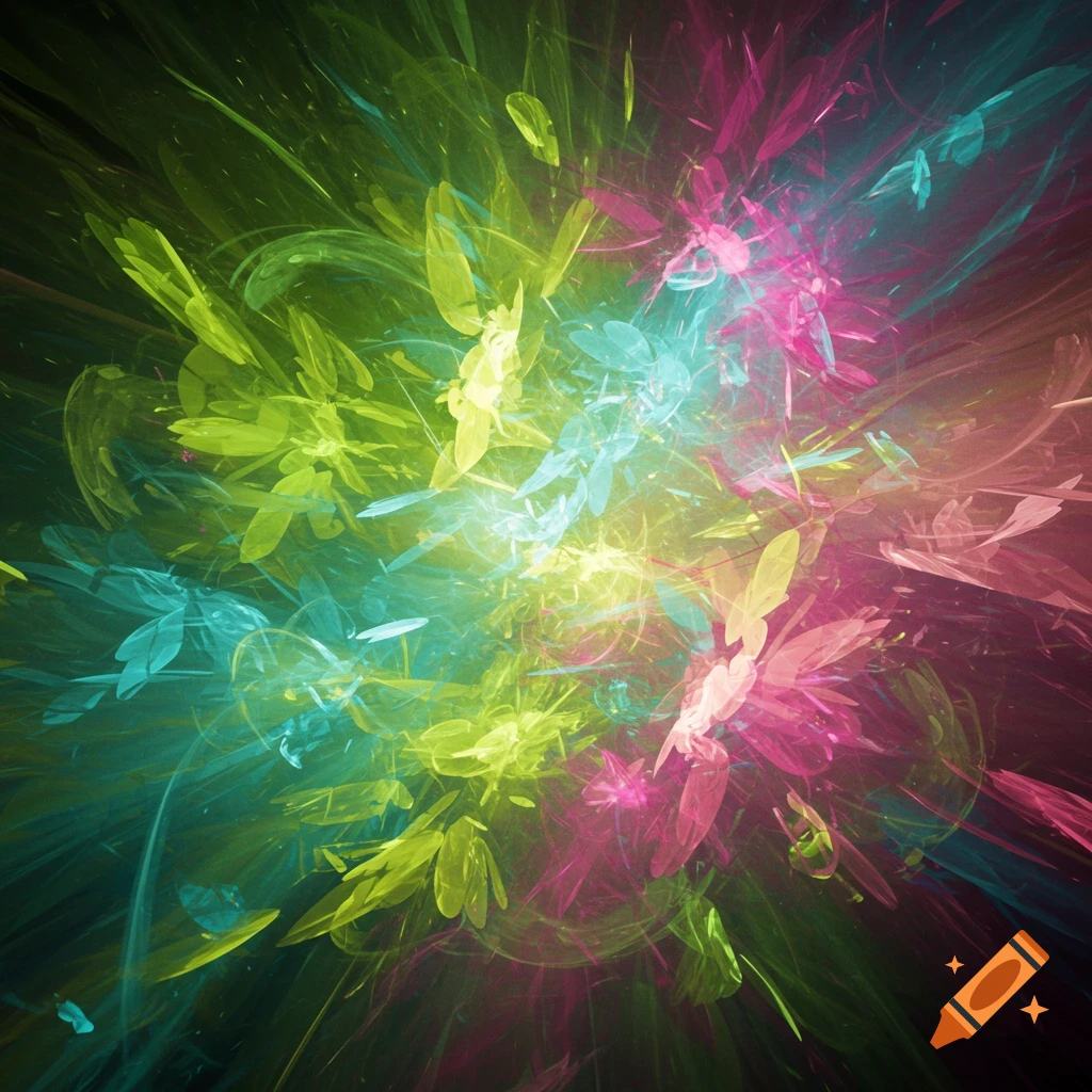 An abstract image with glowing green, cyan, yellow, and pink shapes radiating outwards on a dark background.