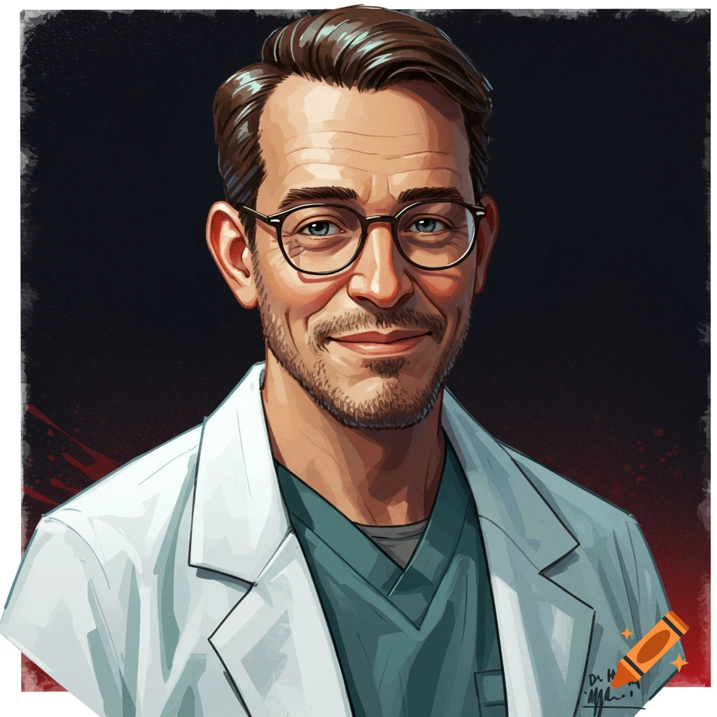 Illustration of a smiling man in glasses and a lab coat.