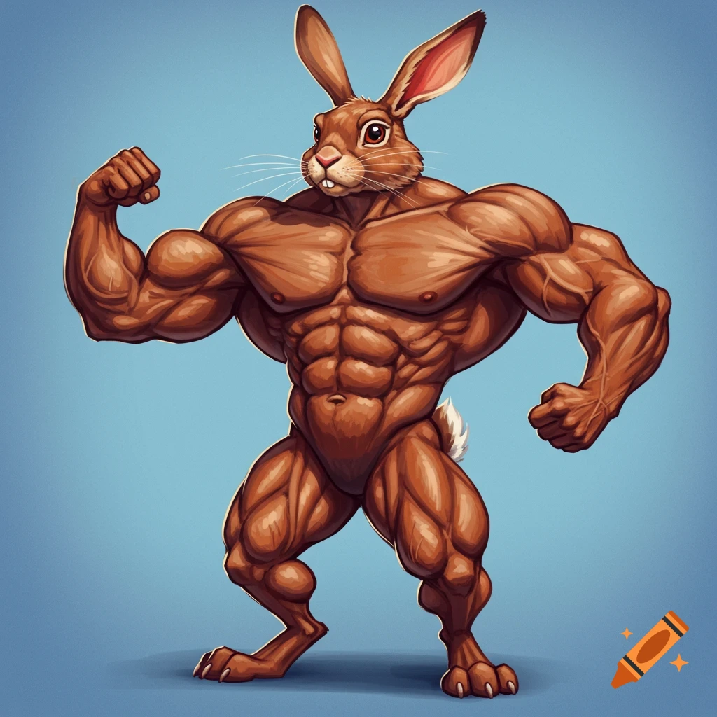 A muscular brown rabbit stands on its hind legs and flexes its arm, in a cartoon illustration style.