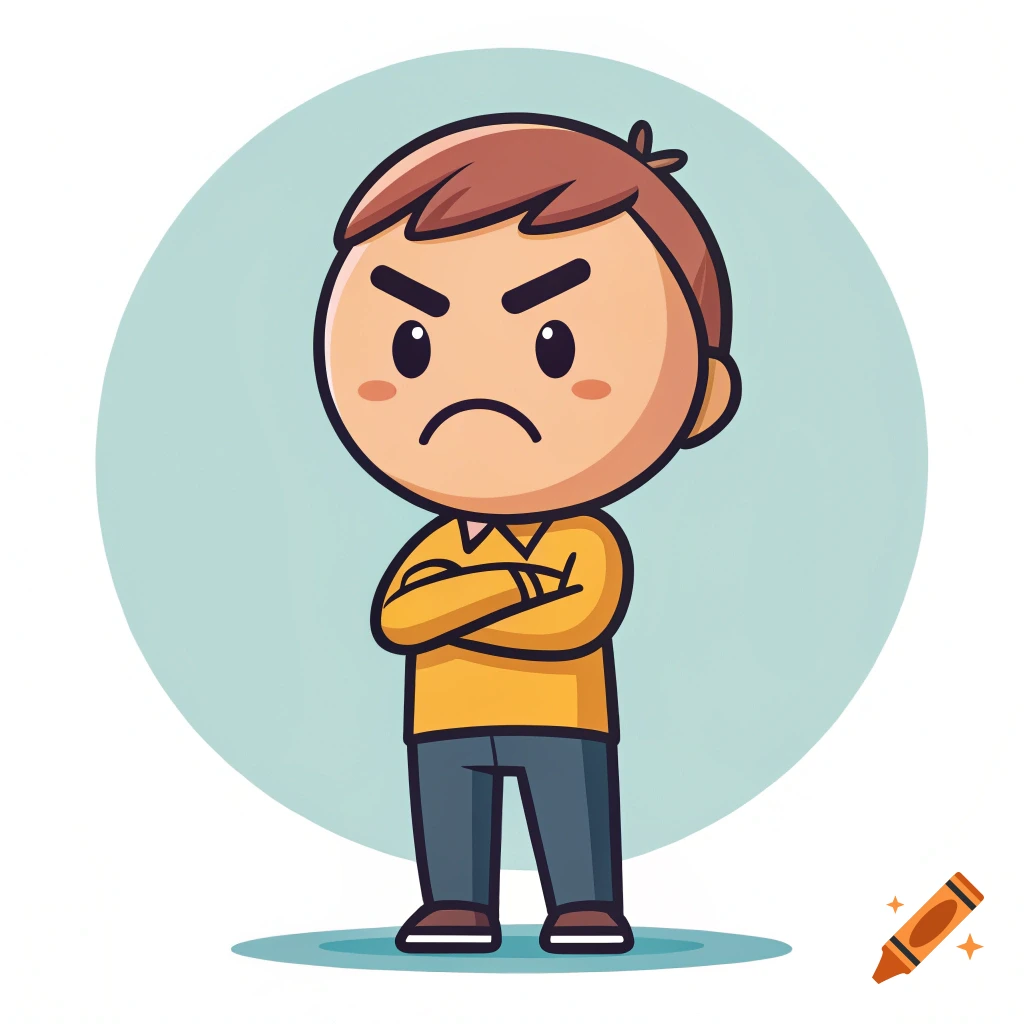 A simple cartoon illustration of a boy with crossed arms and an angry face standing in front of a blue circle.
