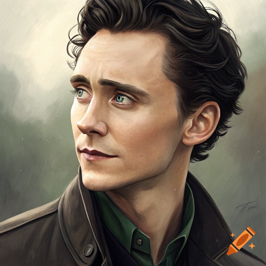 portrait of a man resembling Tom Hiddleston with dark hair and green eyes