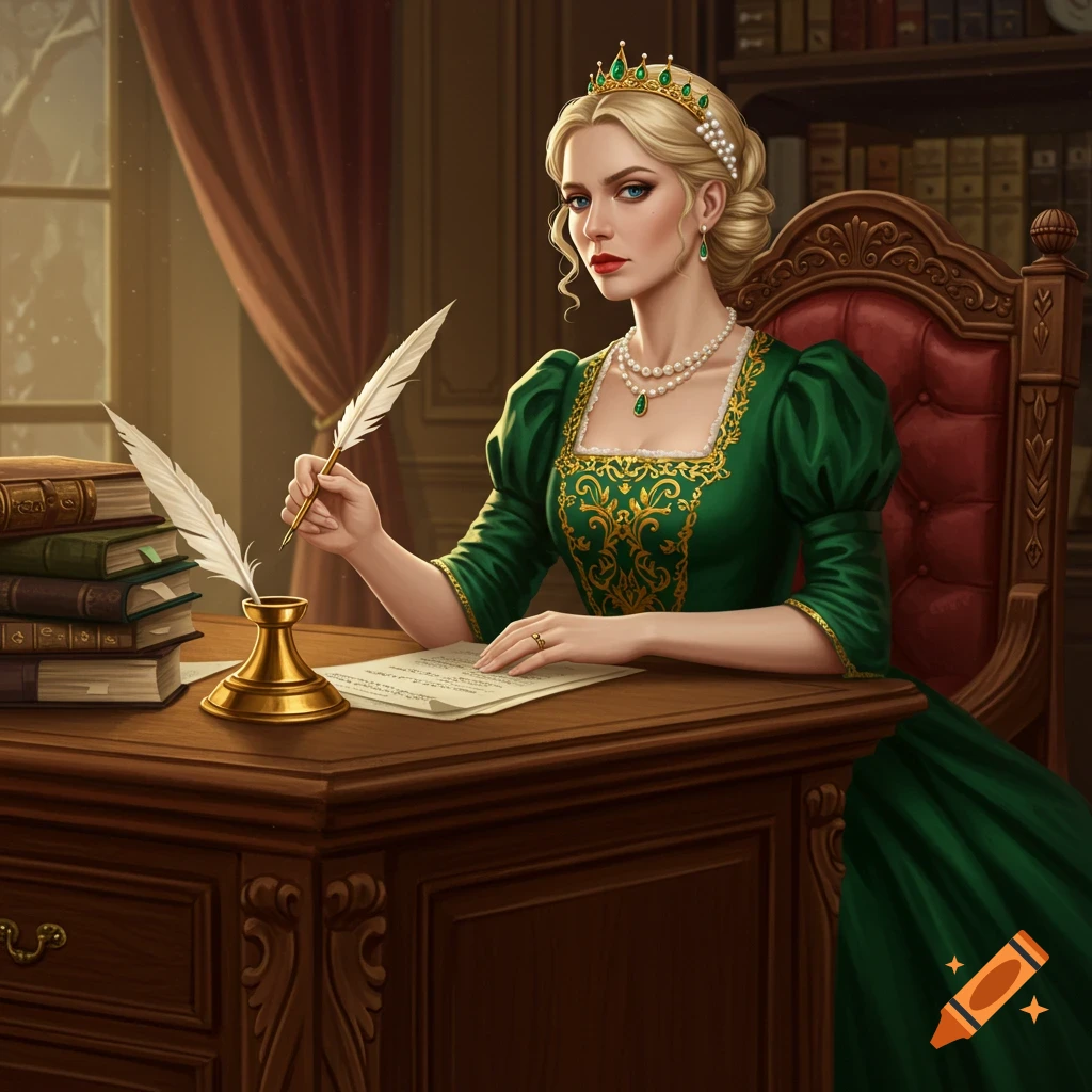 A woman in a green dress and crown sits at a desk, writing with a feather quill.