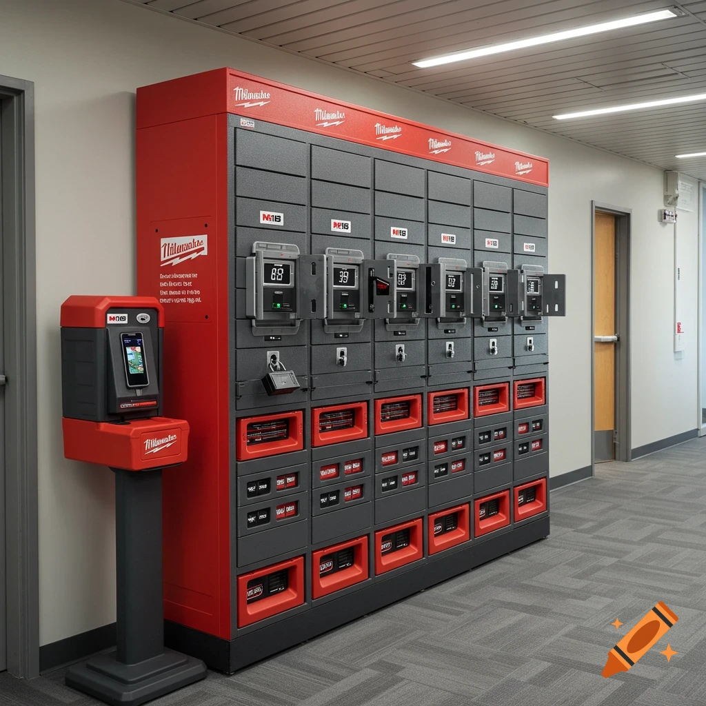 Large red and gray Milwaukee-branded locker system with phone stand in office hallway.