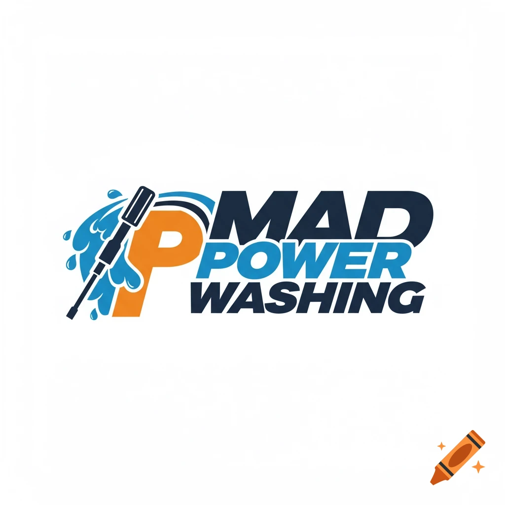 Logo for MAD POWER WASHING featuring a pressure washing wand integrated into the letter P with water splashes.