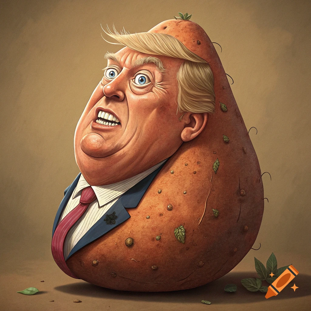 Caricature of Donald Trump's face on a sweet potato body wearing a suit and tie.