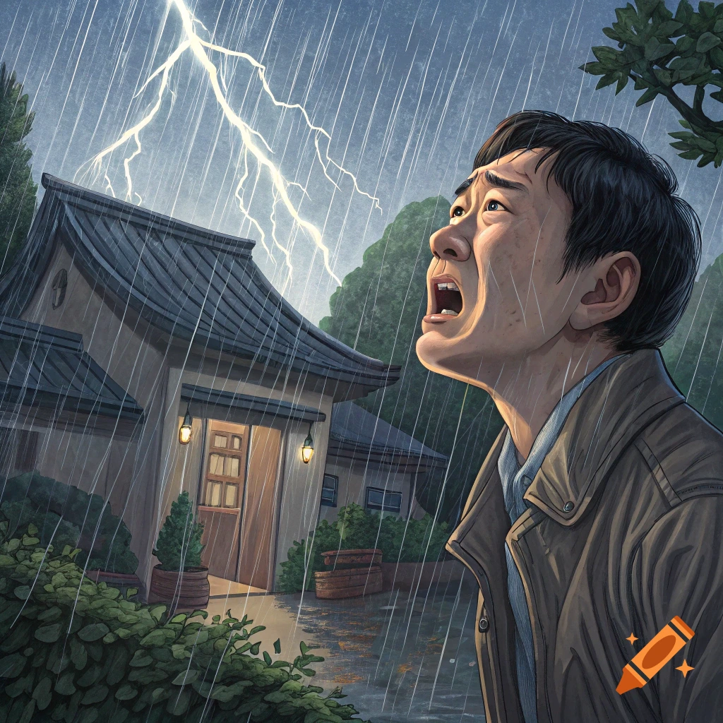Man looks up in fear at lightning during a heavy rainstorm outside a house.