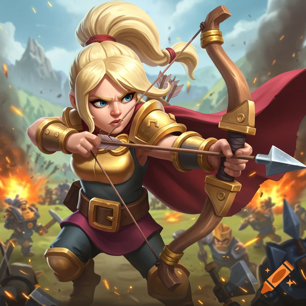 Stylized illustration of a female archer in gold armor drawing a bow during a battle.