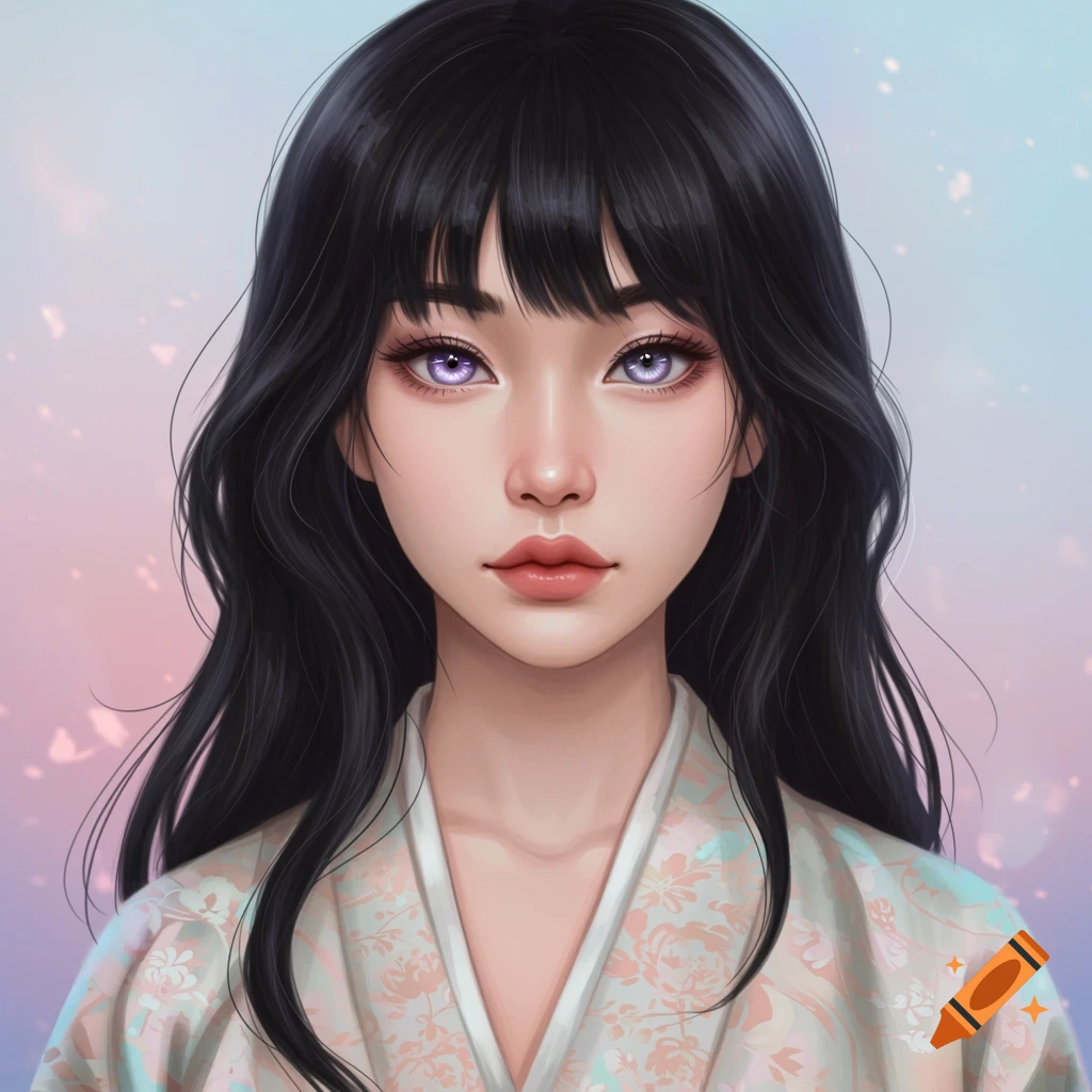 A portrait of a young Asian woman with purple eyes and long black hair, wearing a floral kimono.