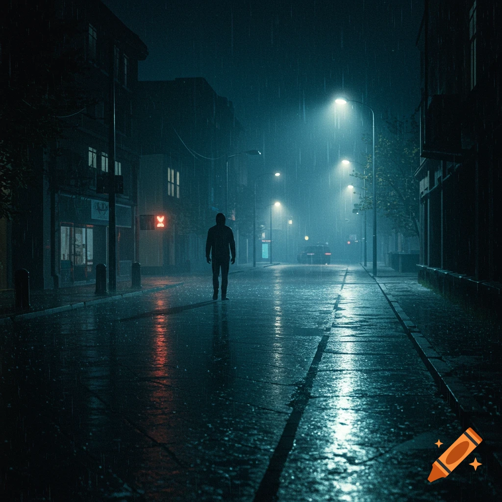 A person walks down a dark, rainy city street at night under streetlights.