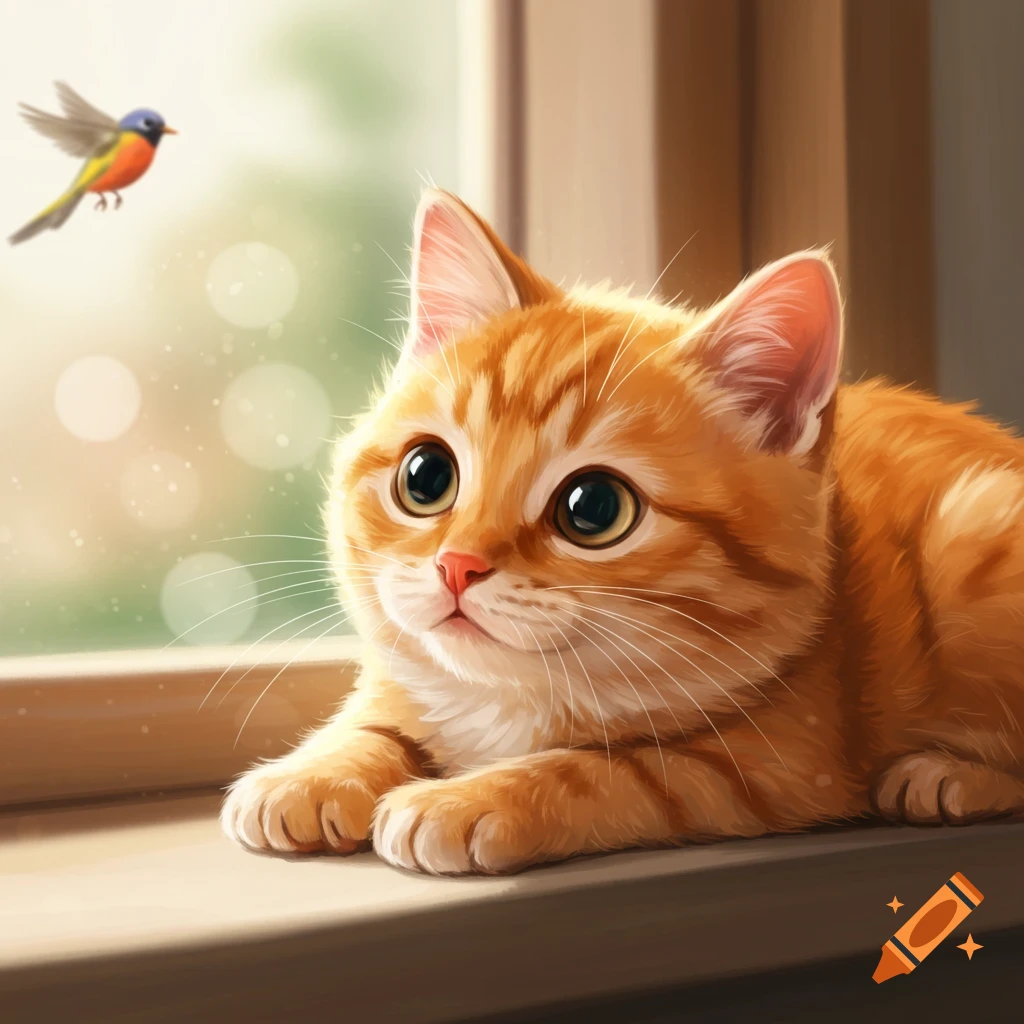 Cute orange tabby cat looking out a window at a flying bird.