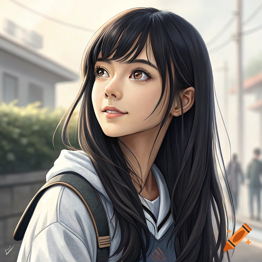 A young woman with long dark hair and a backpack looks up outdoors in an anime style.