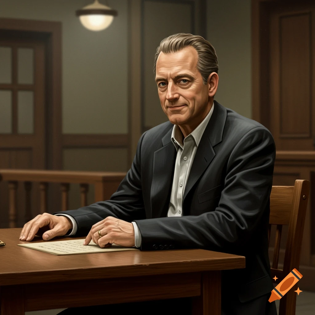 A man in a suit sits at a table in a room resembling a courtroom, looking towards the viewer while pointing at a paper.