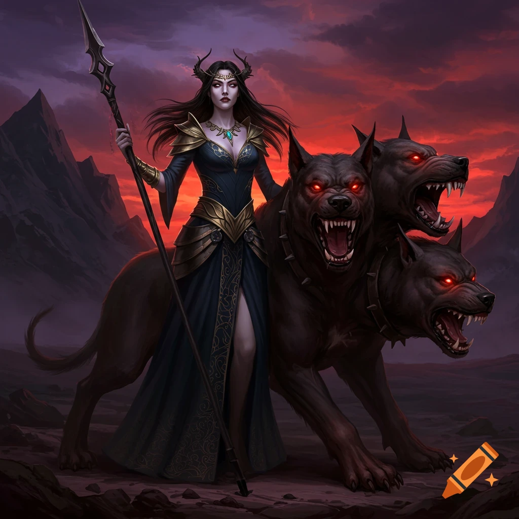 Dark fantasy artwork of a woman with horns and staff beside a three-headed dog in a rocky landscape under a red sky.