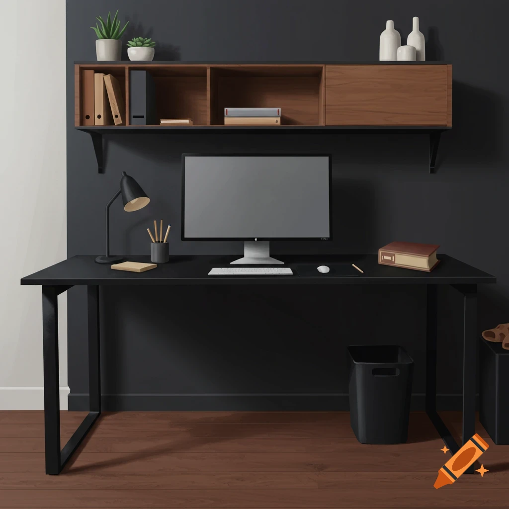 A minimalist workspace with a black desk, computer monitor, shelf with books and plants, and a dark wall.