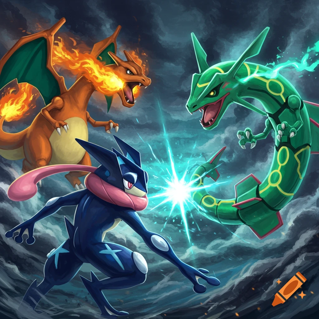 Charizard, Rayquaza, and Greninja battling under a stormy sky in an illustration.