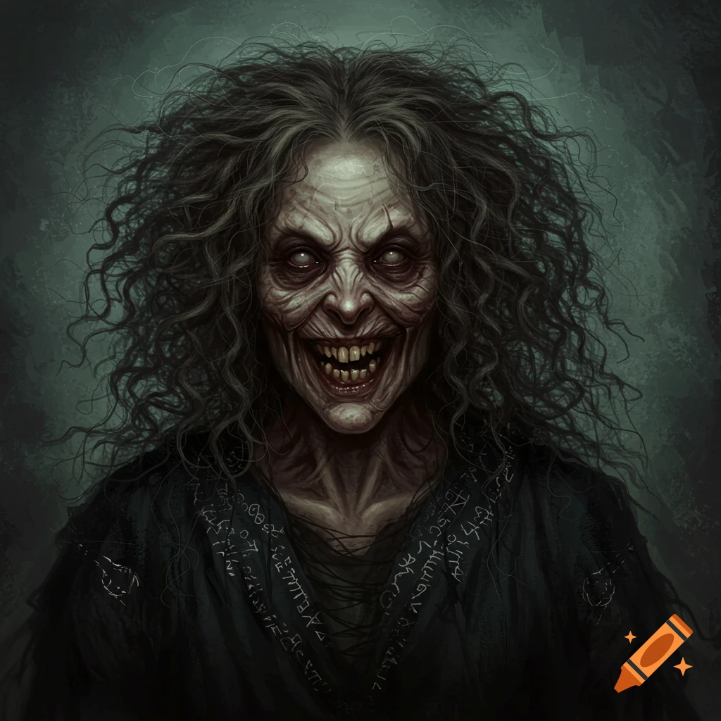 A terrifying portrait illustration of a witch with wild hair and a wide, toothy grin.