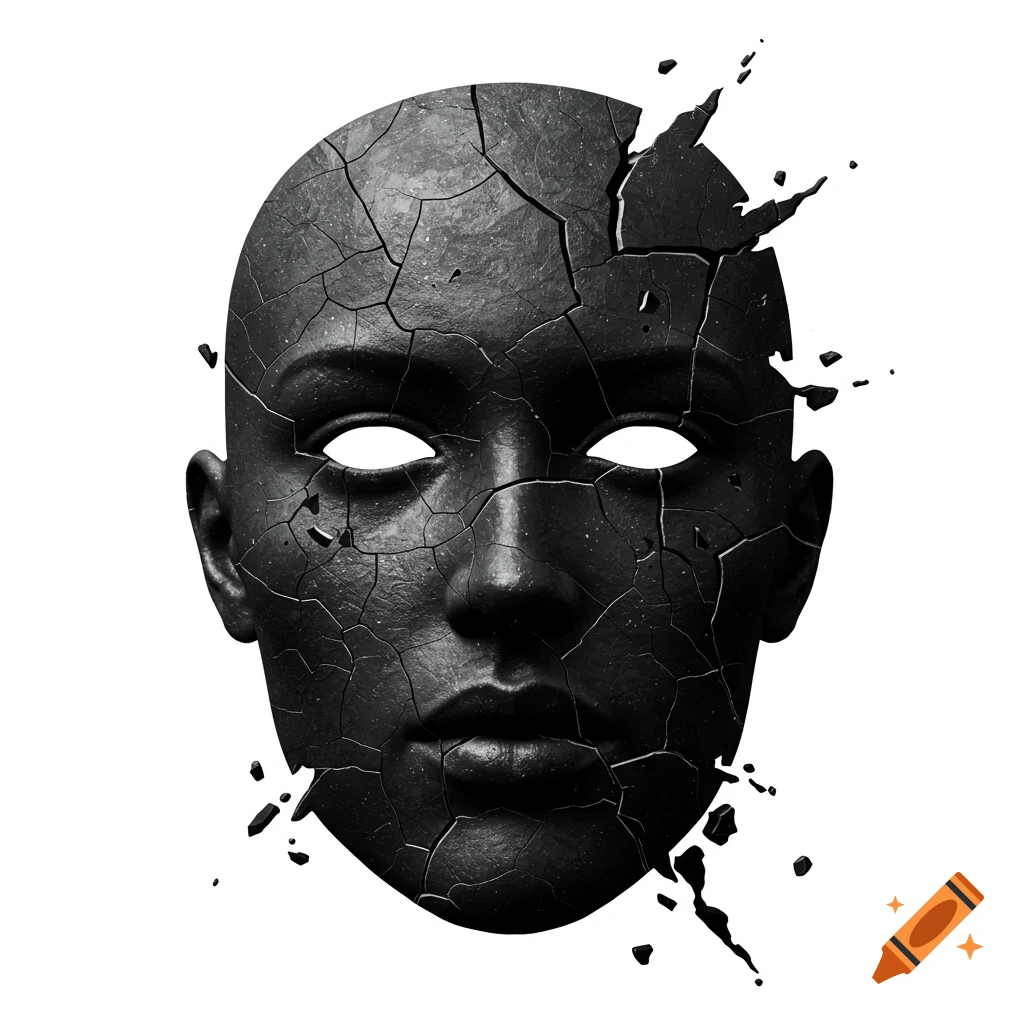 A cracked and chipping black face silhouette against a white background.