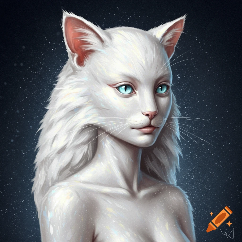 Portrait of a white catkin woman with long white fur and bright blue eyes against a dark, speckled background.