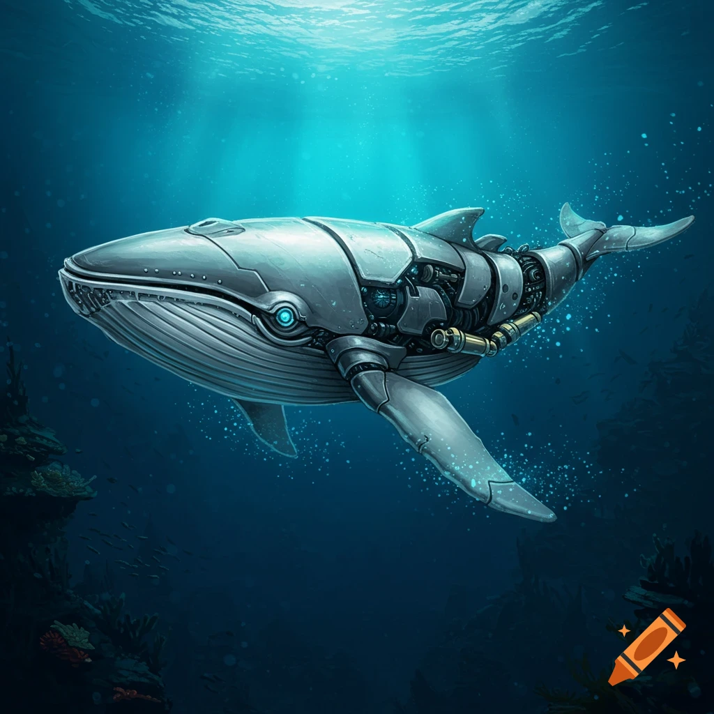 An illustration of a robotic whale swimming underwater.