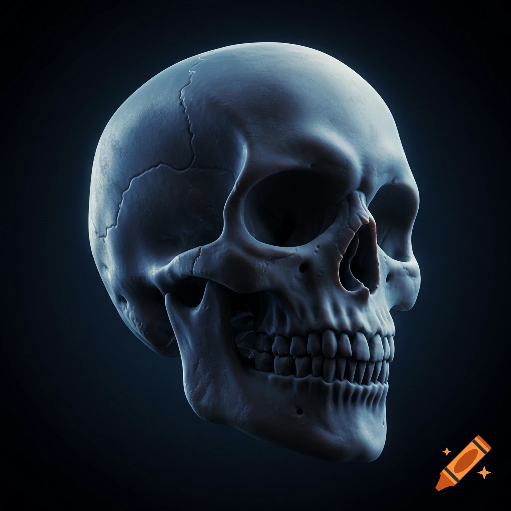 A detailed, realistic render of a human skull from the side.