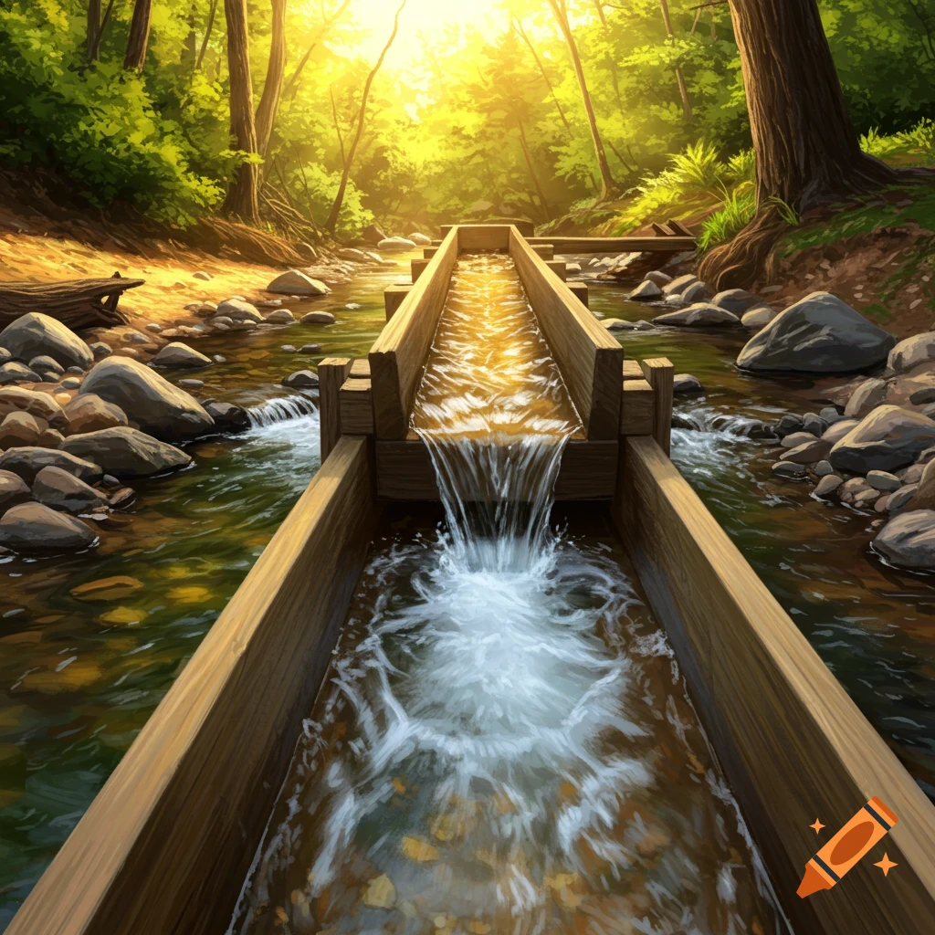Water flows through a wooden sluice box in a sunny forest creek.