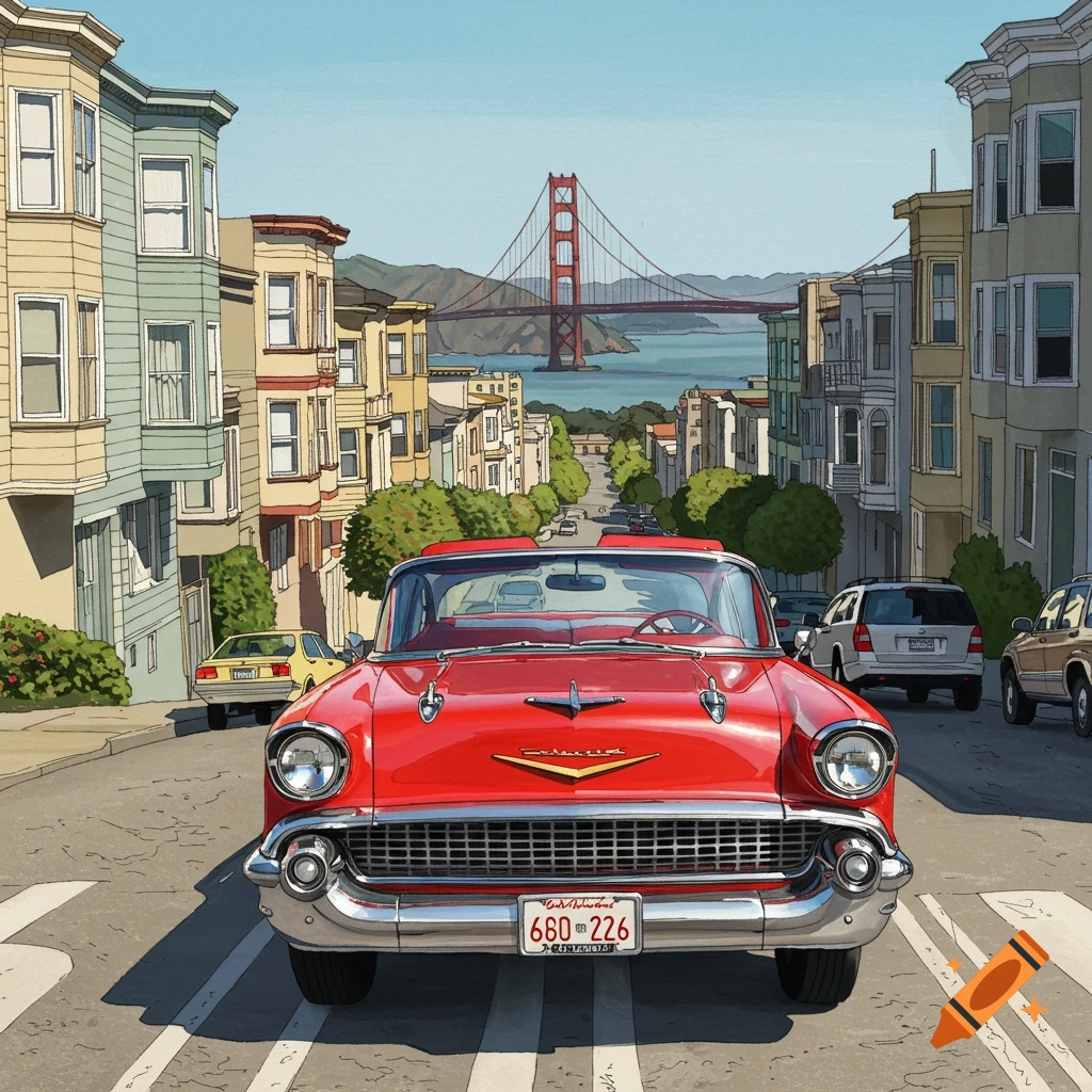 A red classic car on a street in San Francisco with the Golden Gate Bridge in the background in an illustrative style.