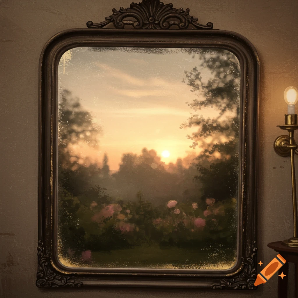 Ornate mirror reflecting a sunset over a garden, beside a lamp.
