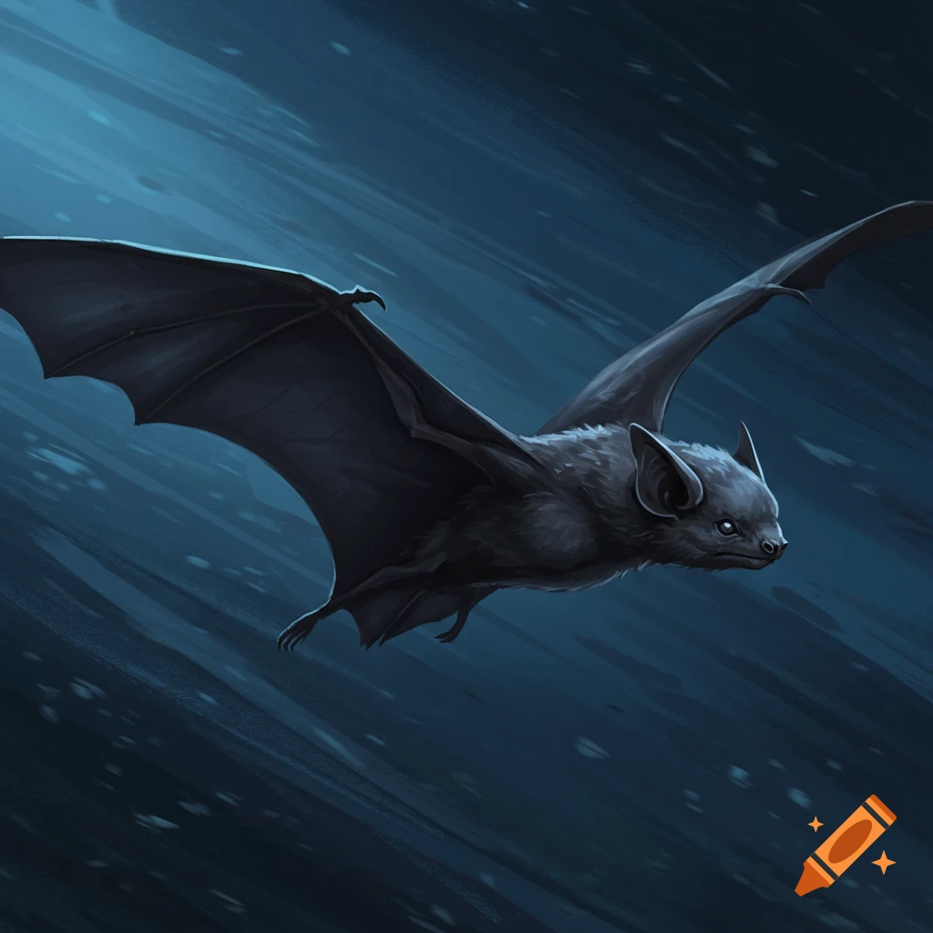 An illustrated bat with its wings spread flies through a dark, moody sky.