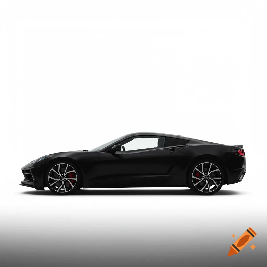 A black sports car in side view against a white background with a shadow.