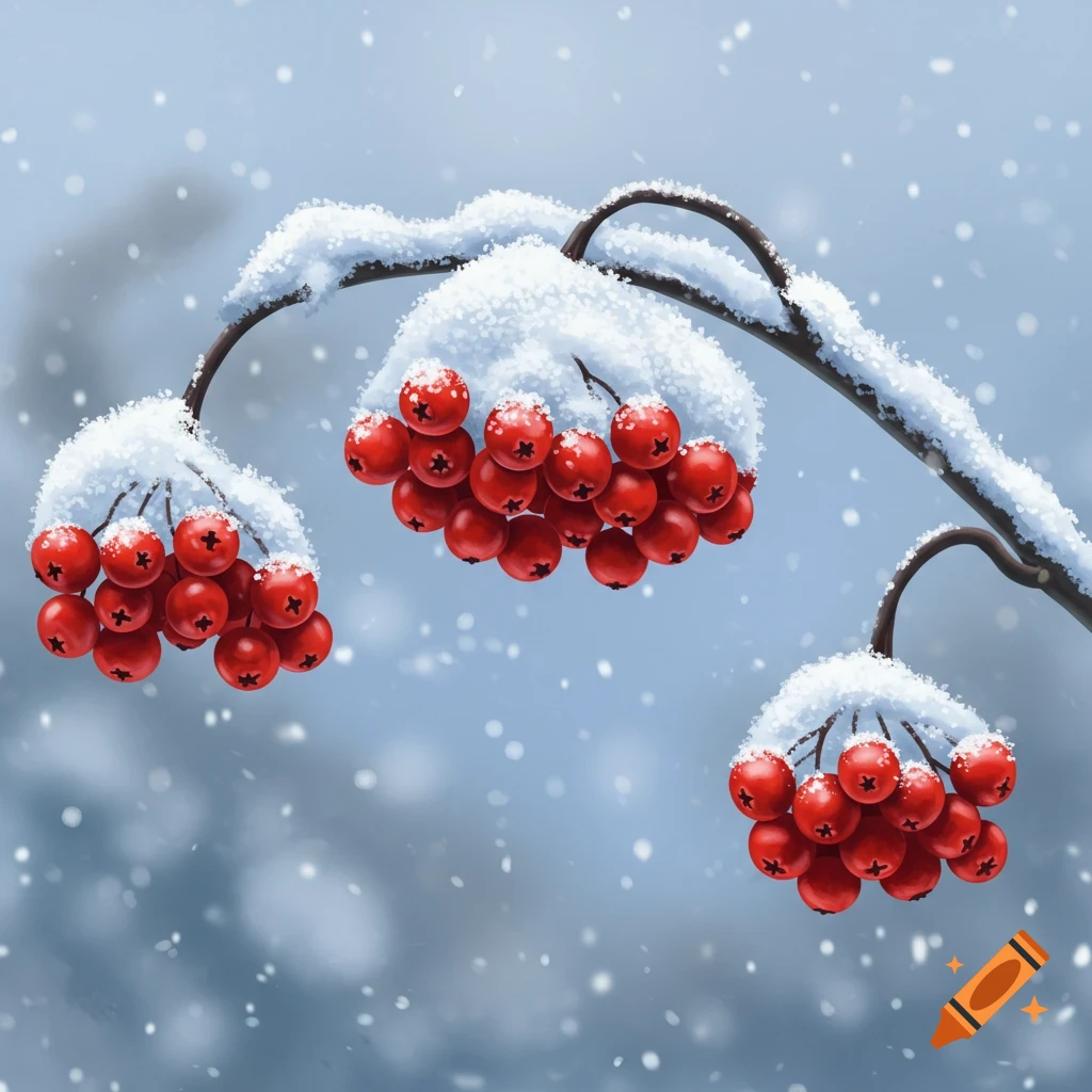A branch of red berries covered in snow with falling snowflakes, digital illustration.