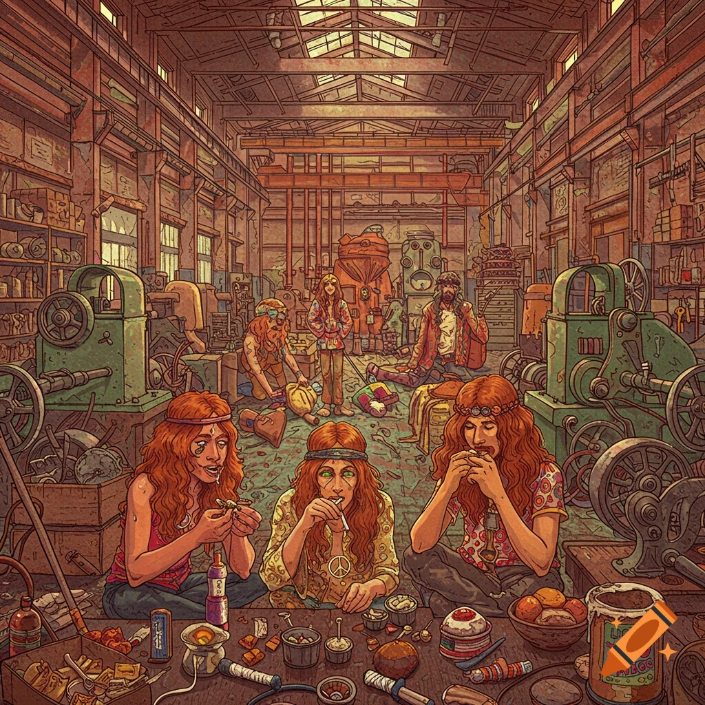 Illustration of hippies rolling joints in a cluttered factory.