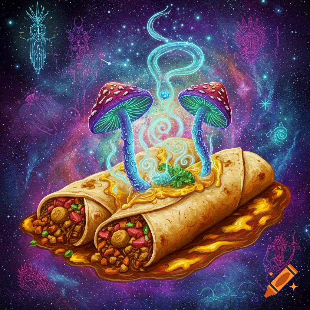 Psychedelic art shows two burritos with magic mushrooms steaming in a cosmic background.