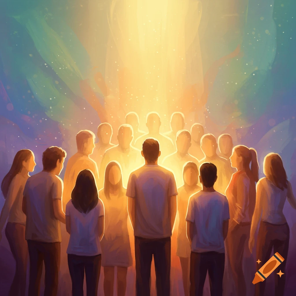 Stylized painting of a diverse group of people looking towards a glowing light, with vibrant colors and sparkles.