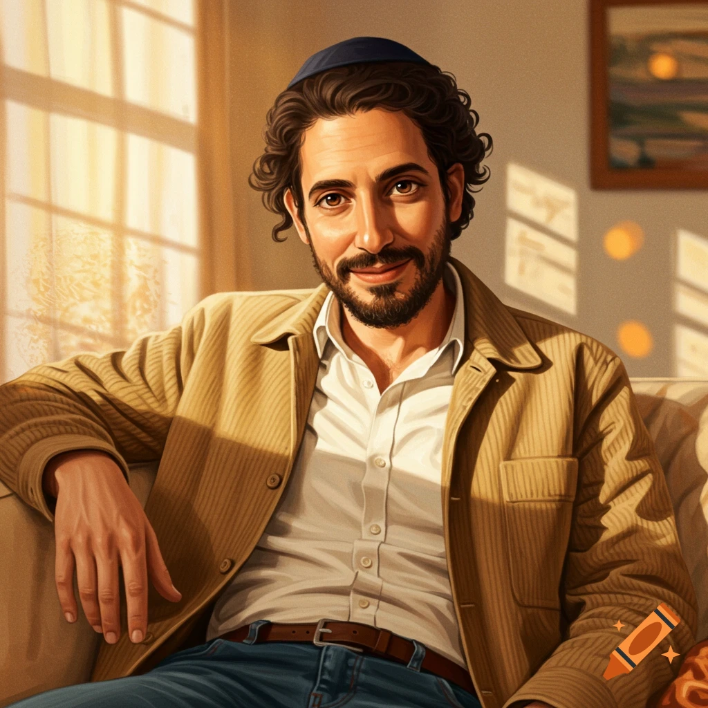 A man wearing a kippah sits on a couch bathed in sunlight.