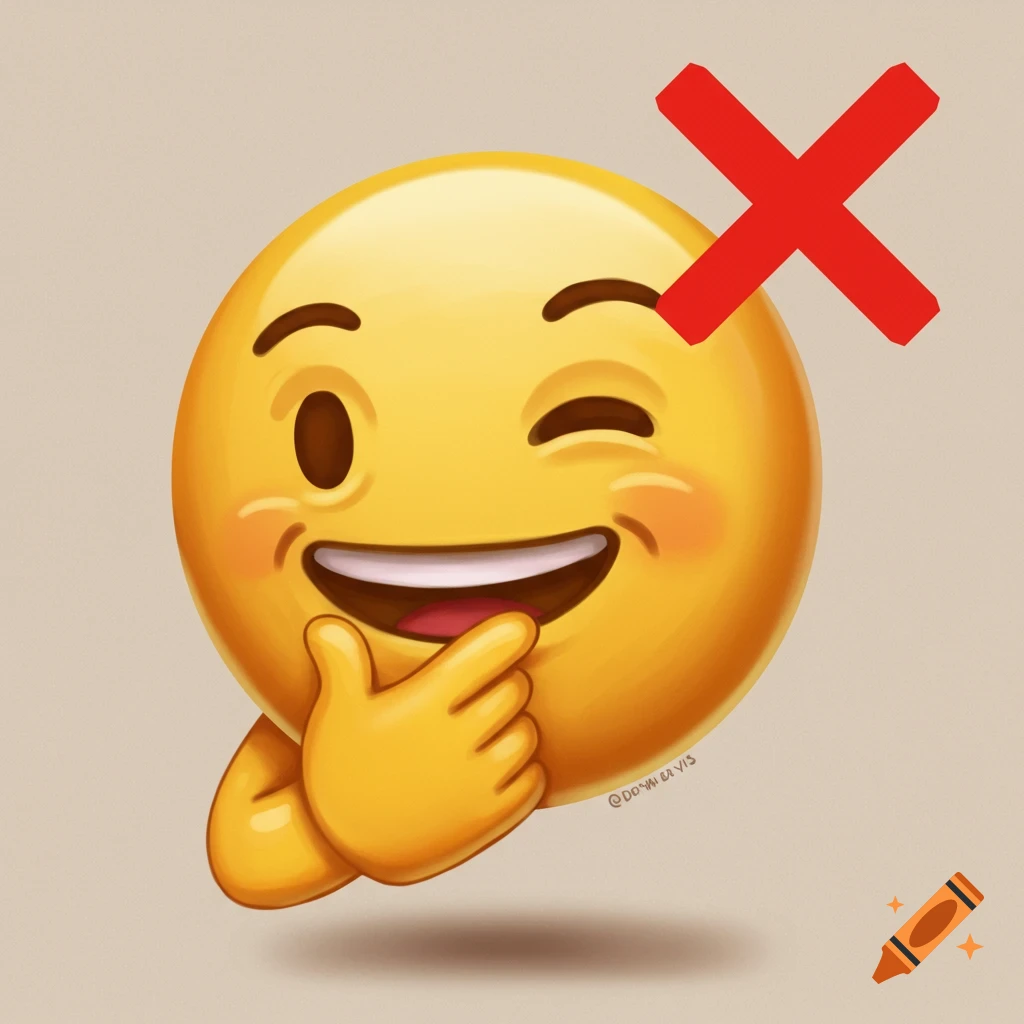 Illustration of a yellow emoji winking and thinking with a red X symbol over its head.