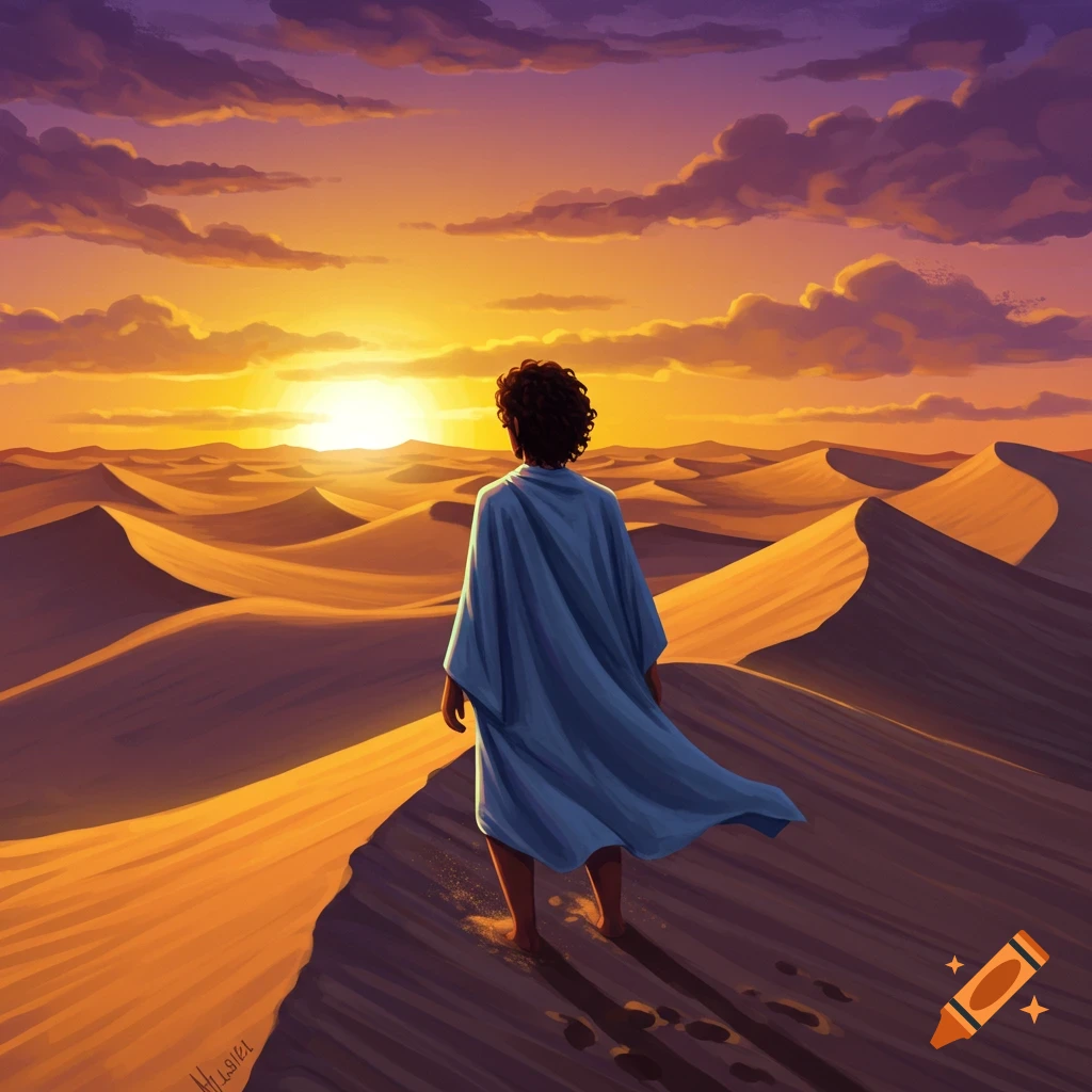 A person in a blue robe stands on a sand dune looking at a sunset over a desert landscape. Illustration style.