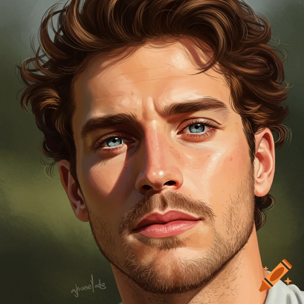 A digital art portrait of a man with brown hair and blue eyes.