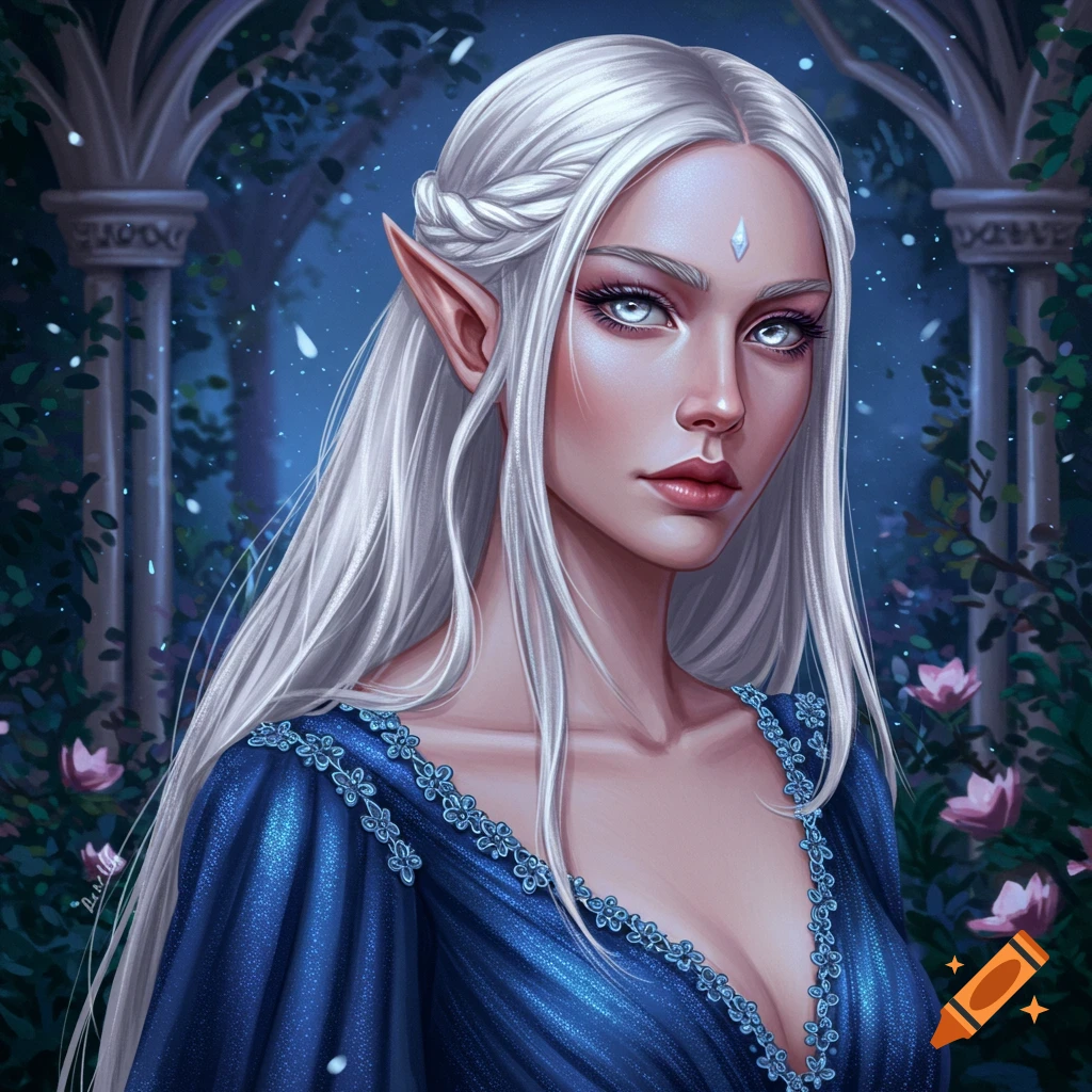 Fantasy portrait of an elf character with white hair and blue dress in a garden setting, illustration.