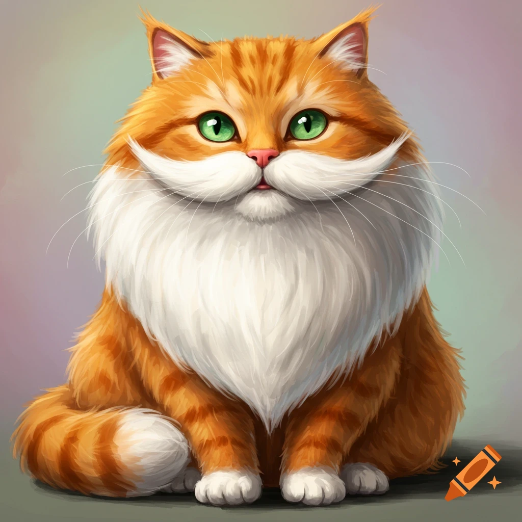 An orange tabby cat with green eyes and a large white beard sits and looks forward in a colorful illustration.