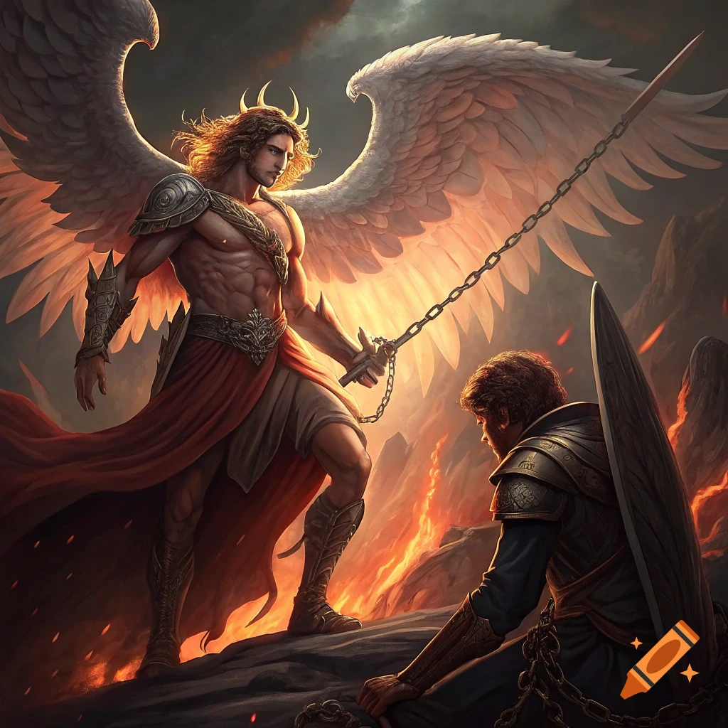 A winged angelic figure stands over a chained figure in a fiery landscape.