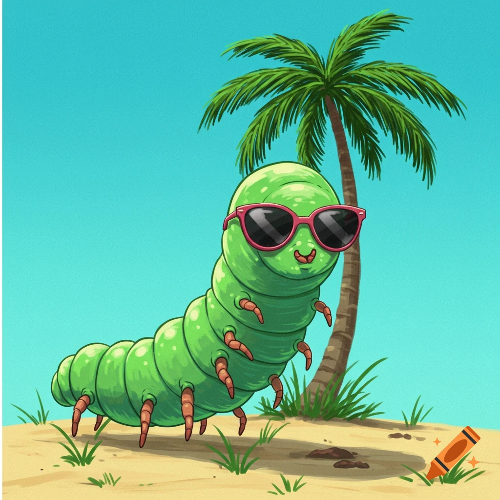 Cartoon caterpillar wearing sunglasses on a beach with a palm tree.