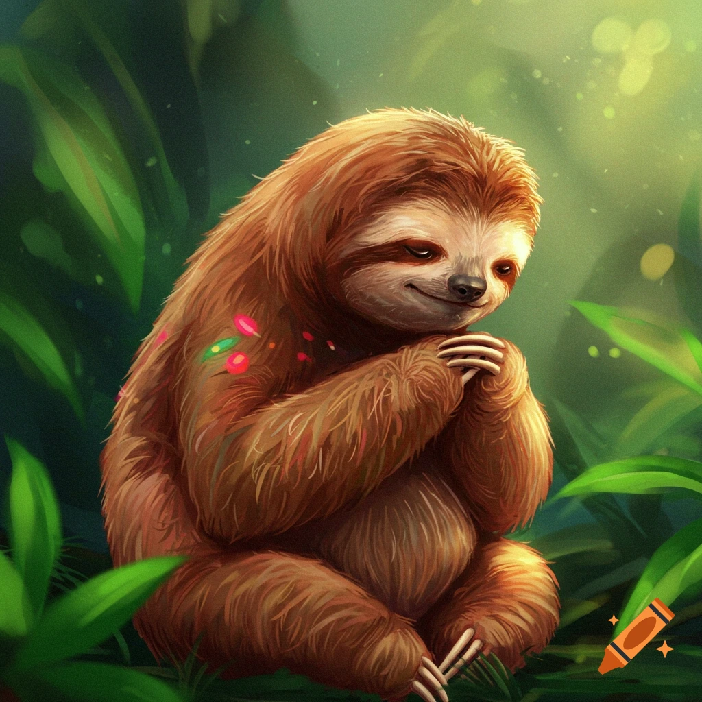 An illustrative image of a cute sloth sitting among jungle leaves with its paws together.