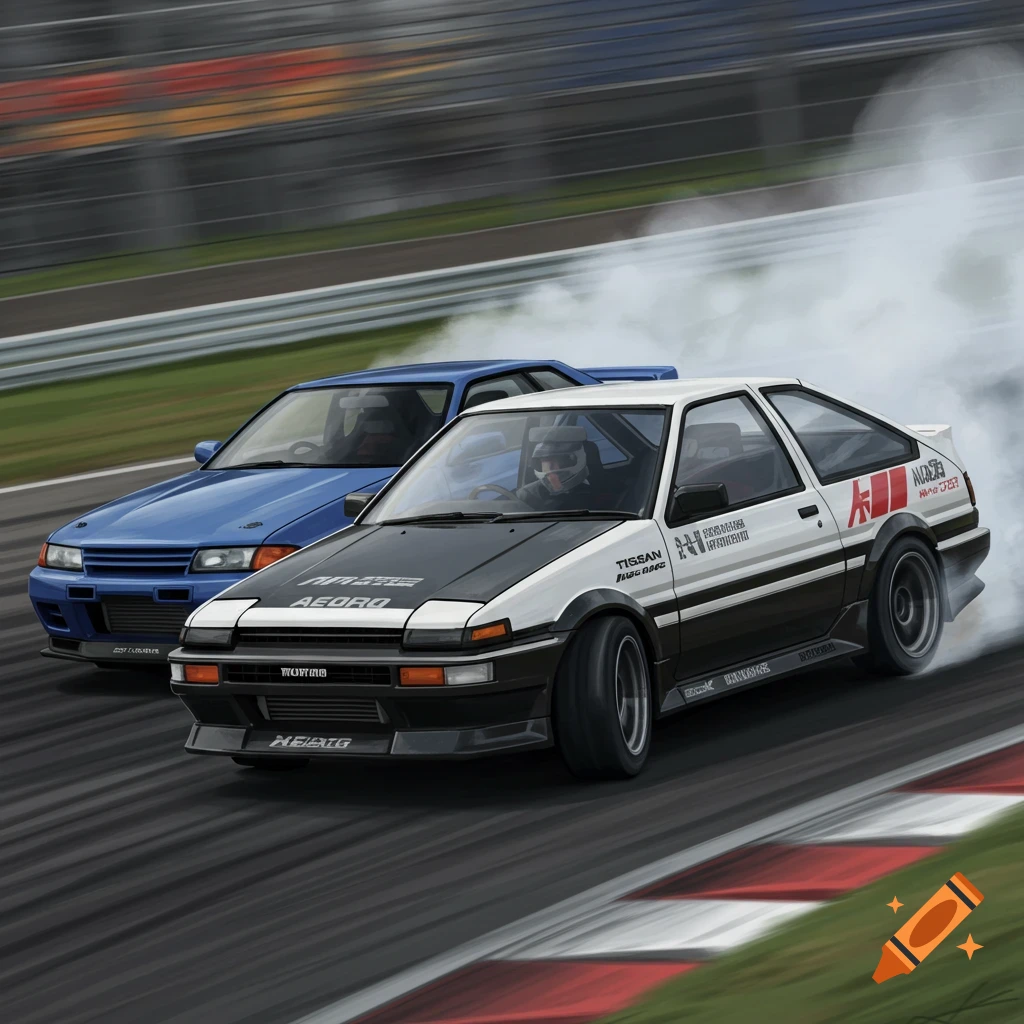 Two cars, a white and black Toyota AE86 and a blue Nissan R32, drift side-by-side on a race track in an illustration.