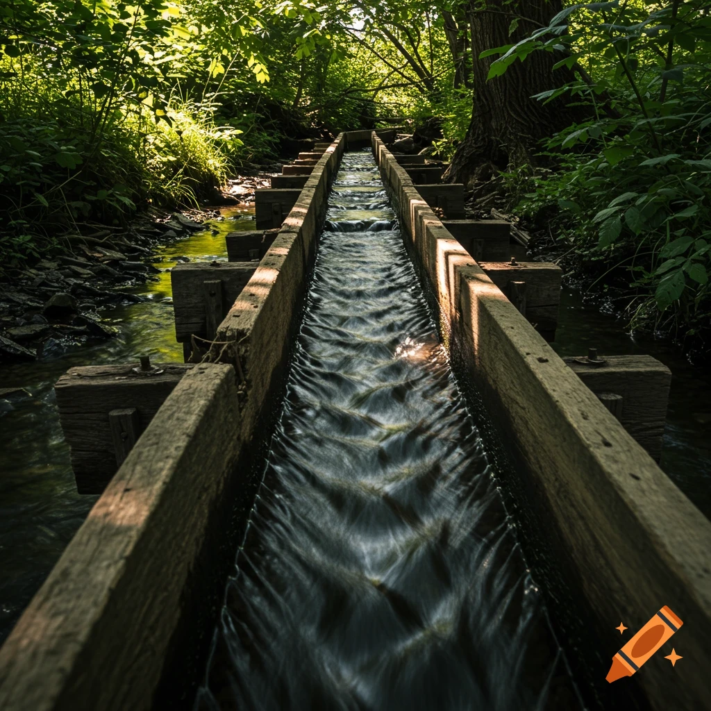 Photorealistic image of water flowing rapidly through a wooden sluice in a lush green forest.