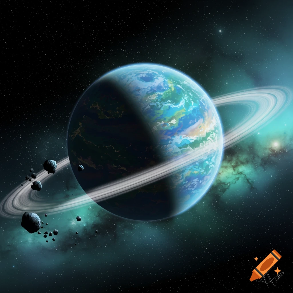 Ringed planet and asteroids in space with a nebula.