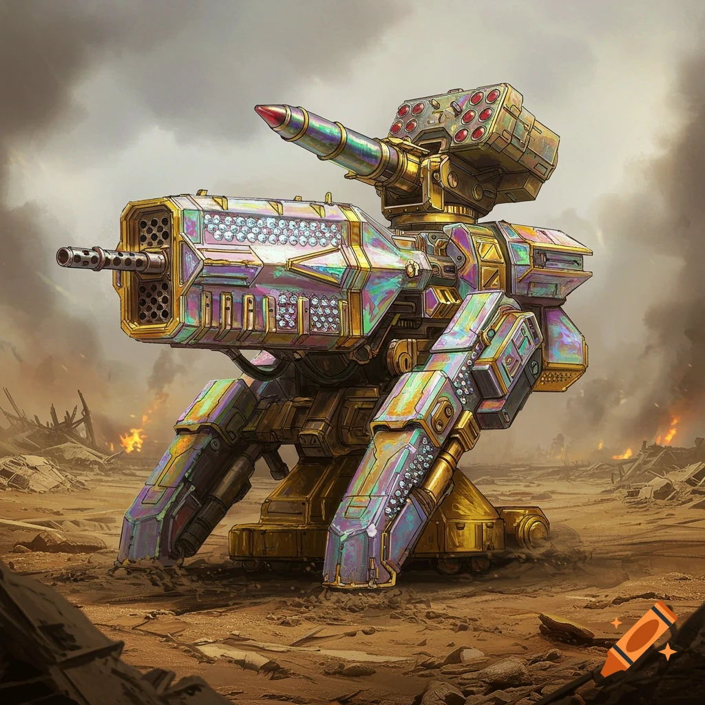 A diamond, gold, and rainbow colored robot sentry gun stands in a destroyed battlefield.