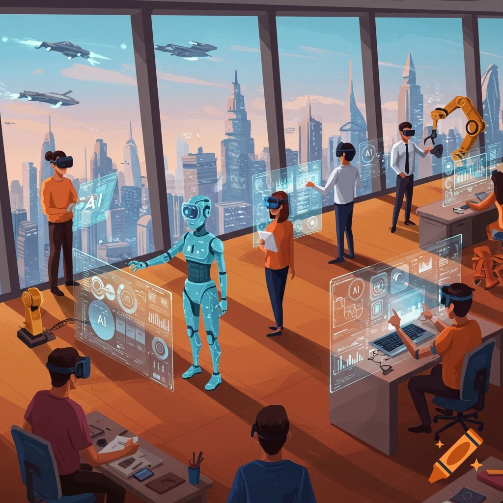 People and a robot working in a futuristic office with VR and holographic screens, sci-fi style.