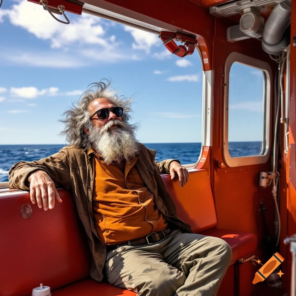 A man with a long beard and sunglasses sits on a boat on the sea on a sunny day.