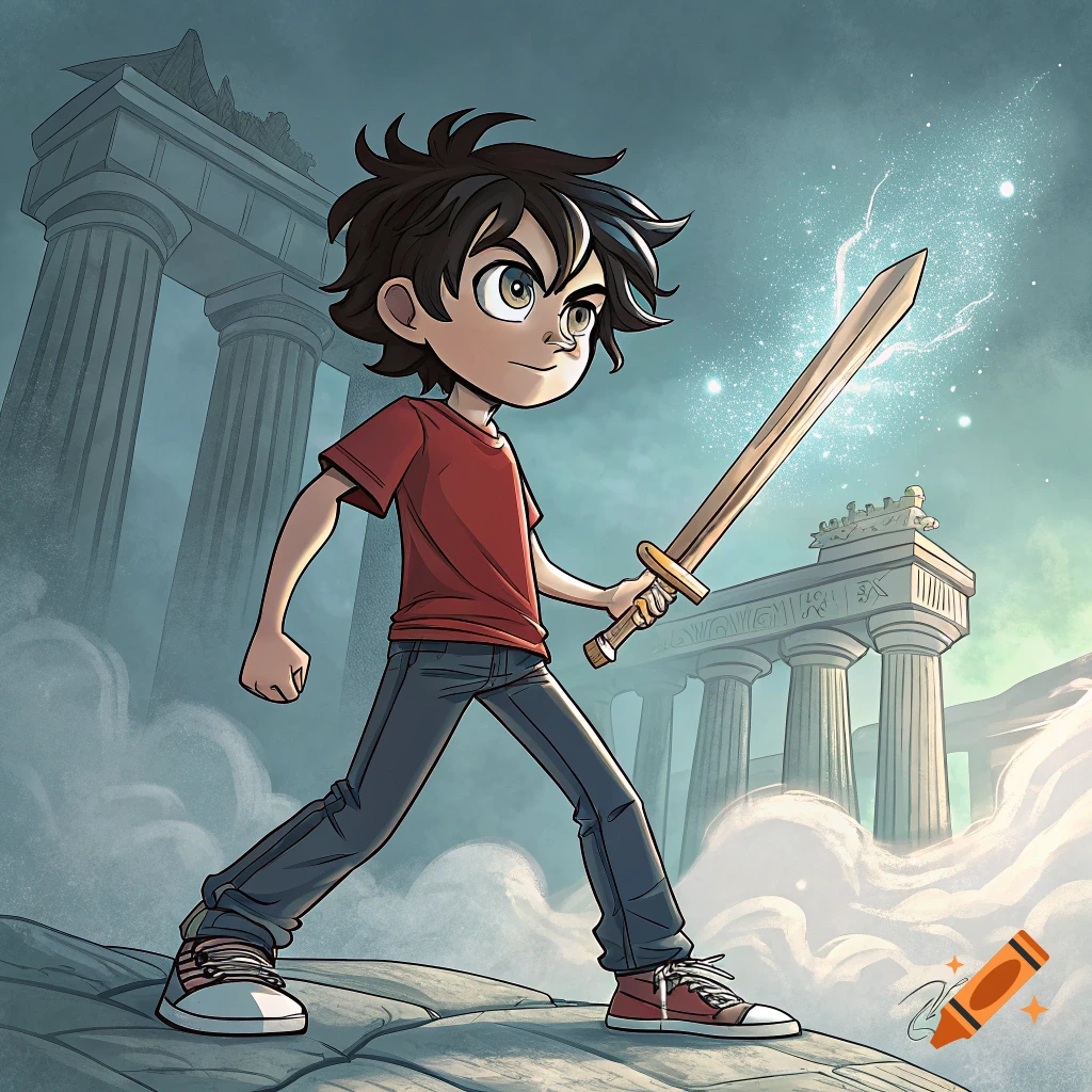 Cartoon illustration of a young boy with a sword standing in front of ancient ruins under a night sky.